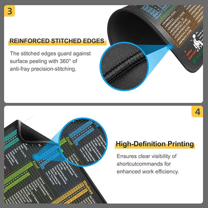 Kinevolve Mouse Pad for Excel/Word/PowerPoint/Windows Shortcuts – Small Excel Cheat Sheet Desk Pad – 11.8"x9.8" Portable Computer Mousepad – Gaming, Office, Waterproof, Non-Slip, Stitched Edges