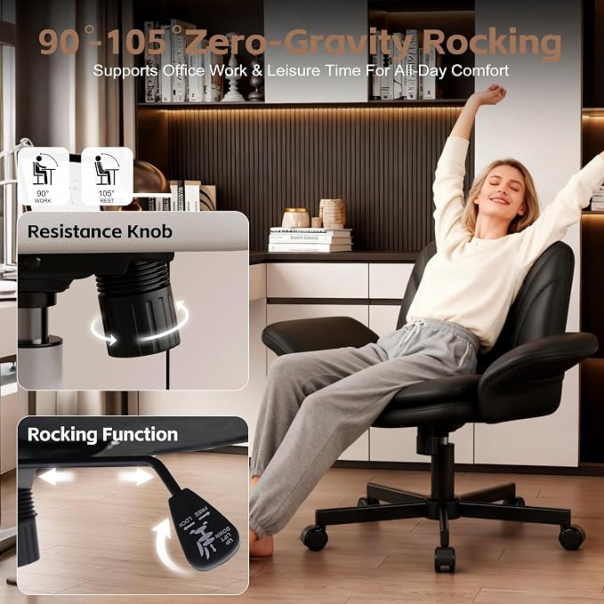 Vonesse Criss Cross Office Chair with Wheels & Armrests, Height Adjustable Vanity Chair, Makeup Chairs with Side Pockets Design, Comfortable Computer Desk Chairs for Home (PU Leather,Black)