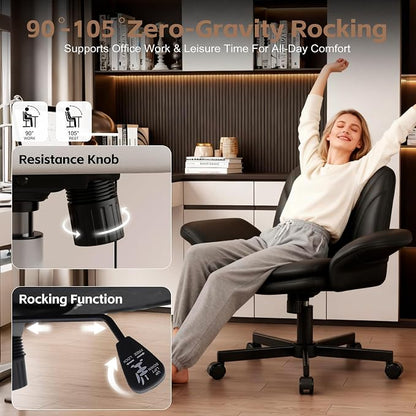 Vonesse Criss Cross Office Chair with Wheels & Armrests, Height Adjustable Vanity Chair, Makeup Chairs with Side Pockets Design, Comfortable Computer Desk Chairs for Home (PU Leather,Black)