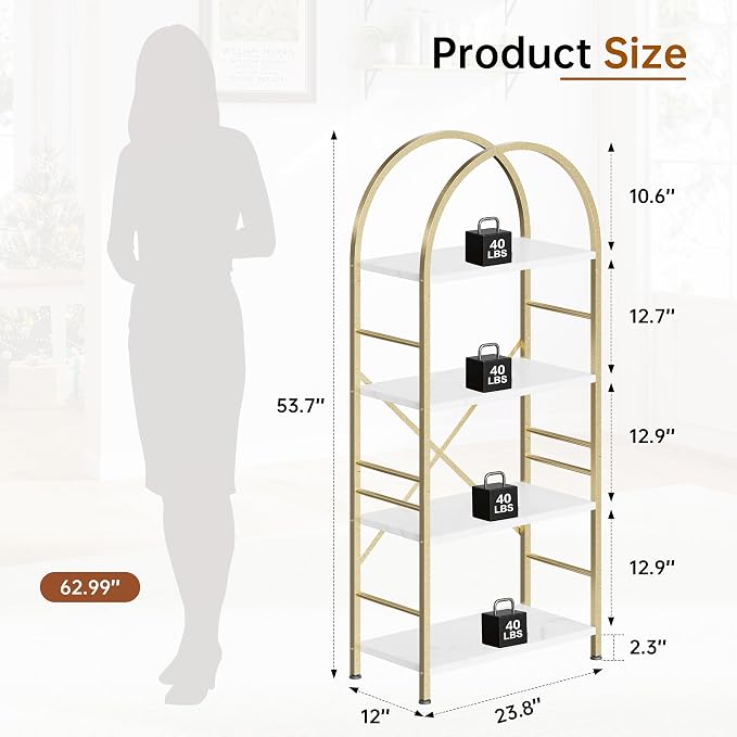 Shintenchi Arched Bookshelf, 4 Tier Bookcase, Tall Storage Shelf, Golden