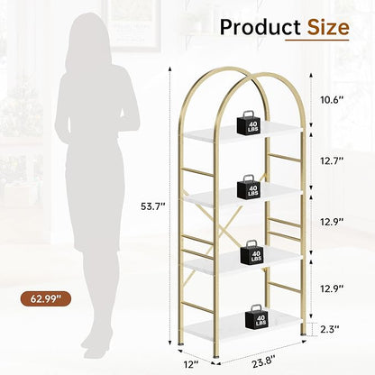 Shintenchi Arched Bookshelf, 4 Tier Bookcase, Tall Storage Shelf, Golden