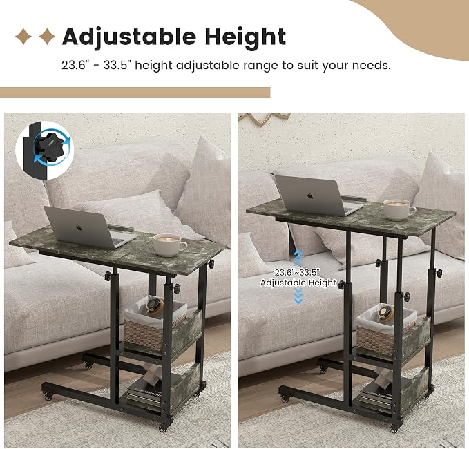 Hadulcet Adjustable C Table with Charging Station, Tiltable Desk C Shaped End Table for Couch, Over Bed Table with Wheels Adjustable Height, Laptop Stand Drawing Desk, Marble Grey