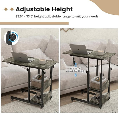 Hadulcet Adjustable C Table with Charging Station, Tiltable Desk C Shaped End Table for Couch, Over Bed Table with Wheels Adjustable Height, Laptop Stand Drawing Desk, Marble Grey