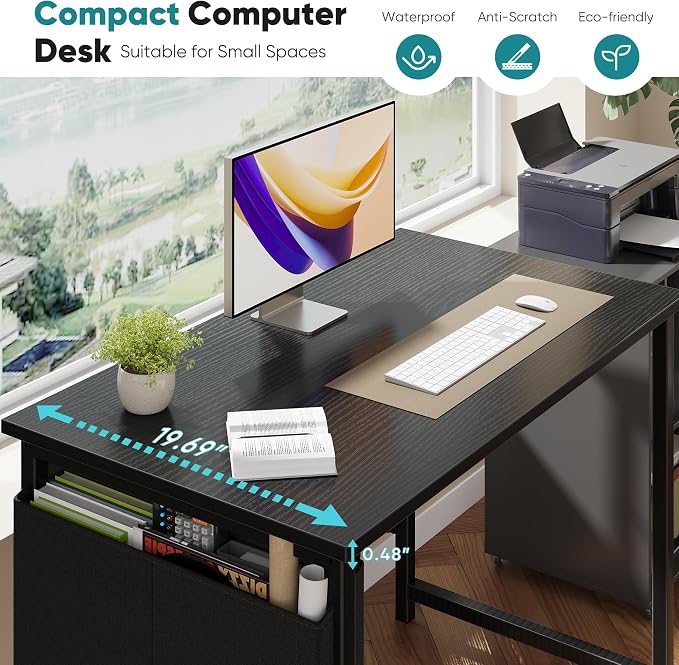 OLIXIS Small Computer Desk, 31 Inch Home Office Desks, Writing Study Craft Work Gaming Table, Computer Workstation for Small Spaces with Storage Bag and Headphone Hook for Bedroom, Black