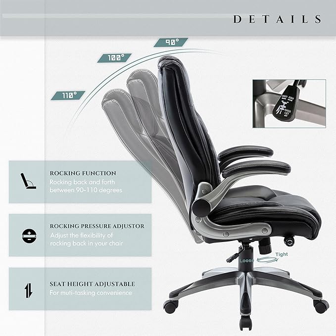 COLAMY Office Desk Chair, Ergonomic Computer Chair with Padded Flip-Up Arms and Thick Cushion, Leather office chair with High Back Adjustable Height and Tilt for Working for Working, Study, Gaming,2PC