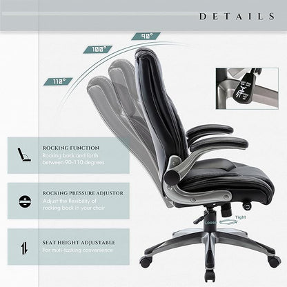 COLAMY Office Desk Chair, Ergonomic Computer Chair with Padded Flip-Up Arms and Thick Cushion, Leather Office Chair with High Back Adjustable Height and Tilt for Working for Working, Study, Gaming