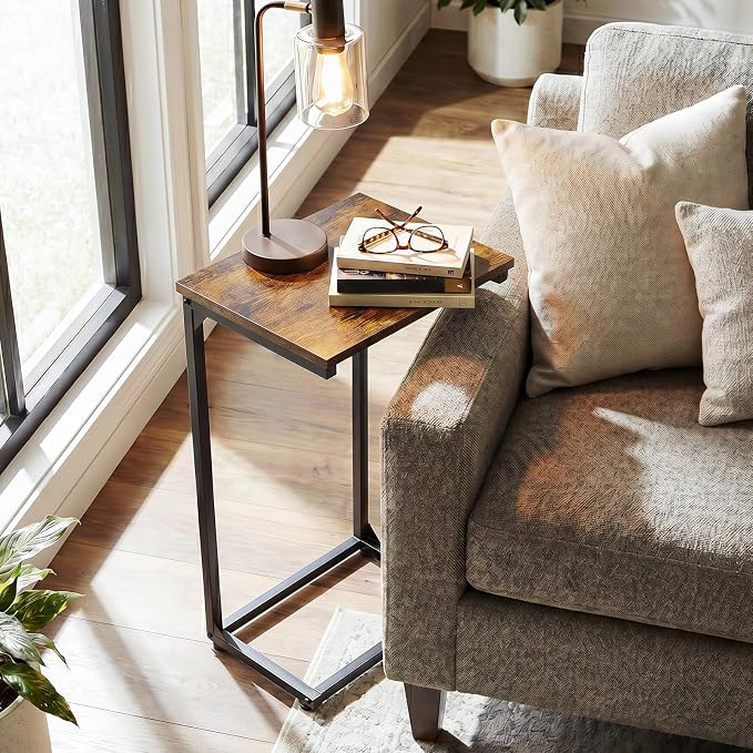 AMHANCIBLE C Shaped End Tables Set of 2, Couch Side Tables that Slide Under Sofa, Slim TV Trays for Living Room and Bedroom, Narrow Space Saving Laptop Workstation, Rustic Brown, HET02BBR