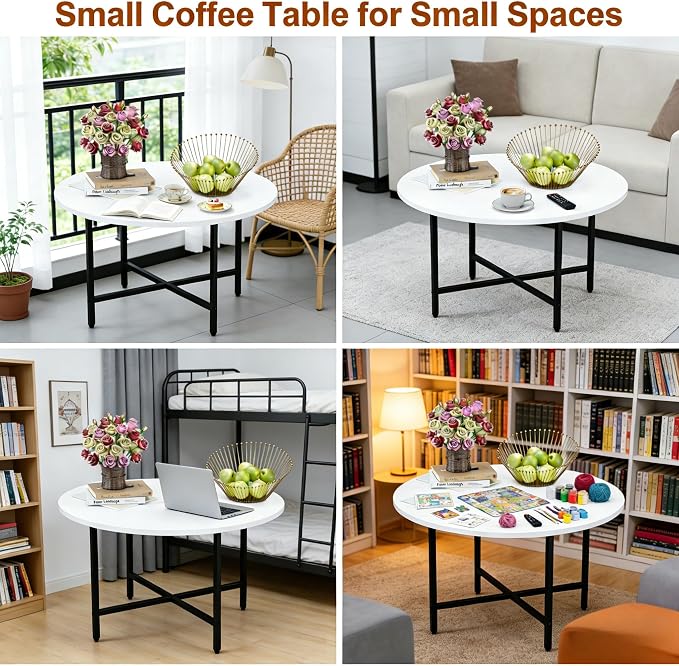 FAMIDGE Coffee Table, 23.6" Coffee Tables for Living Room, Round Coffee Table with Metal Frame, Floor Table for Sitting on The Floor, Home, Office, White