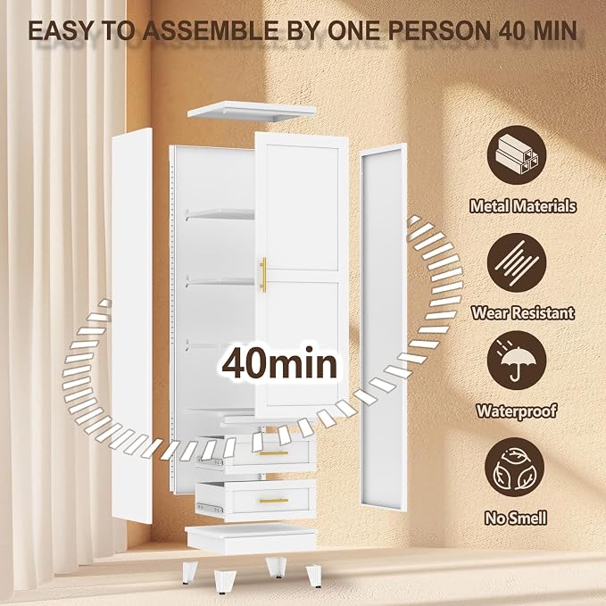 67" Tall Narrow Metal Storage Cabinet, Freestanding Pantry Organizer, White | Slim Bathroom Cabinets with 2 Drawers & 3 Adjustable Shelves, Multi-Use Cupboard for Kitchen Office Living＆ Dining Room