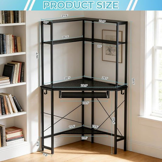 Corner Desk with Hutch and LED Lights, Corner Computer Desk with Keyboard Tray and Monitor Stand, Small Computer Desk for Small Spaces, Home Office（Carbon Black）