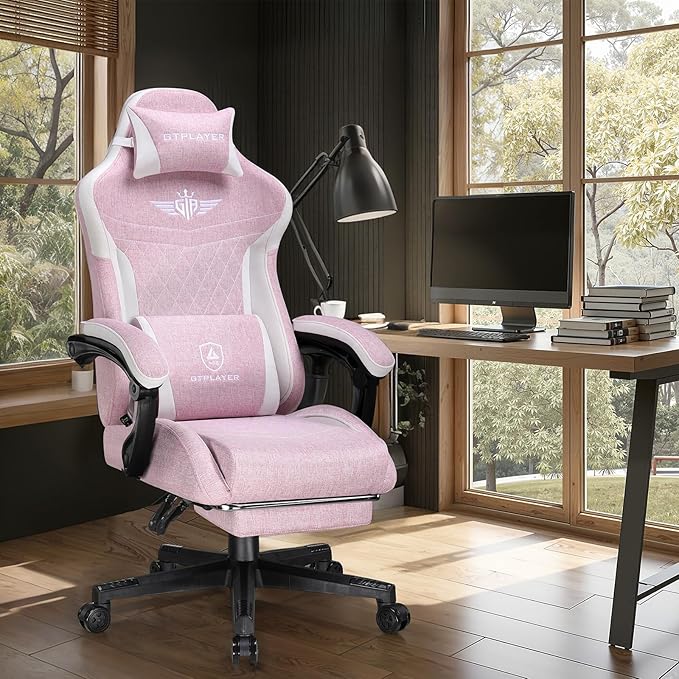 GTPLAYER Gaming Chair with Footrest, Big and Tall Game Chair High Back Computer Office Chair with Lumbar Support for Adults, Ergonomic Swivel Games Chair with Cushion Gaming, Fabric Pink