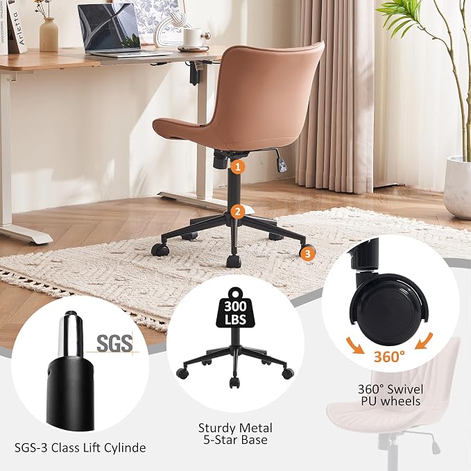 YOUTASTE Pink Modern Office Chair, Faux Leather Armless Desk Chair with Wheels, Height Adjustable, Swivel, Rocking, 300 lbs Capacity, Metal Base, for Home Office Vanity