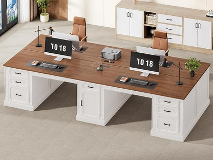 SEDETA Farmhouse 110.3" Two Person Desk with 7 Drawers, Long Computer Desk with Storage Cabinet, 2 Person Desk with Power Outlets for Home Office, White+Brown