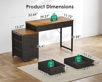 ODK Computer Desk with 5 Drawers, 53 Inch Office Desk with Printer Shelf, Reversible Work Desk for Home Office, Writing Table Desk for Storage, Rustic Brown