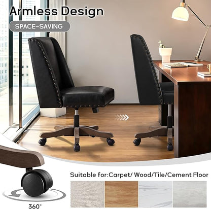 Zihanhome Armless Home Office Chair with Wooden Legs, Modern Leather Upholstered Office Desk Chair No Arms Sewing Chair Adjustable Swivel Desk Chair for Farmhouse Office Study Studio (Black)
