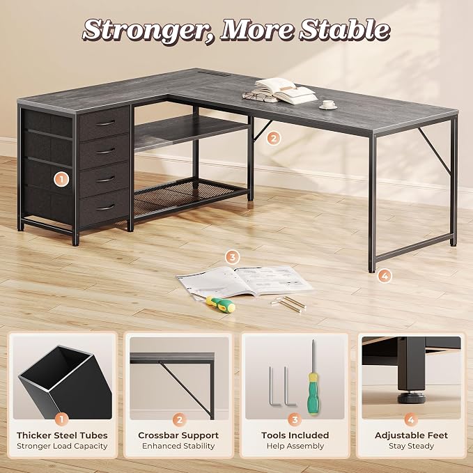 PRAISUN 61" L Shaped Desk with Power Outlets & USB-C Port, Reversible Computer Corner Office Desk with 4 Fabric Drawers and 2 Storage Shelves, Large Desk for Gaming Writing Study, Grey
