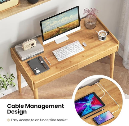 Giantex Computer Desk, 39.5" Bamboo Home Office Desk with 2 Storage Drawers and Open Shelf, Makeup Table Vanity Desk, Modern Writing Desk Computer Workstation for Bedroom, Study, Natural