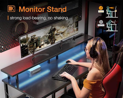 ODK 48 inch Computer Desk with Power Outlets & LED Lights, Gaming Desk with Monitor Stand & Storage Sheves, Home Office Desk, Carbon Fiber Black