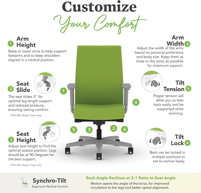 HON Ignition 2.0 Ergonomic Office Chair with Adjustable Arms, Advanced Synchro‑Tilt Recline, Upholstered Desk and Computer Chair for Home Office or Workstation, Titanium Frame, Pear