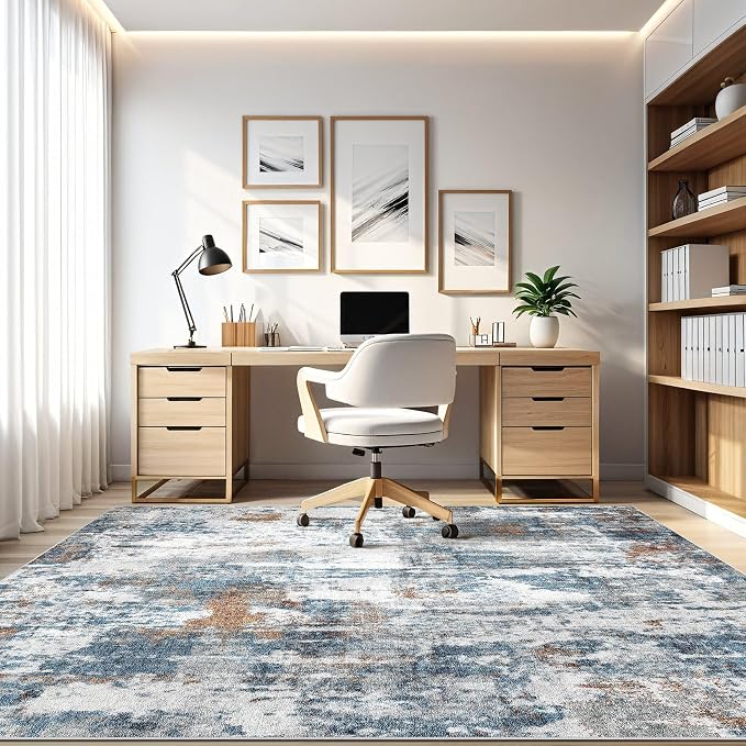 6x9 Area Rugs Living Room: Washable Large Abstract Neutral Modern Soft Rug Stain Resistant Indoor Floor Non-Slip Accent Carpet for Bedroom Nursery Playroom Dining Room Office Dorm Home- Rust Cyan