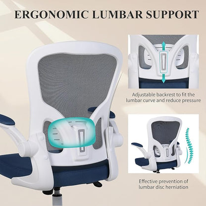 Flysky Mesh Office Chair, Ergonomic Computer Desk Chairs for Home Office - with Comfy/Comfortable Flip-up Arm Rests, Lumbar Support, Height Adjustable, 360 Degree Rolling Swivel (Blue)