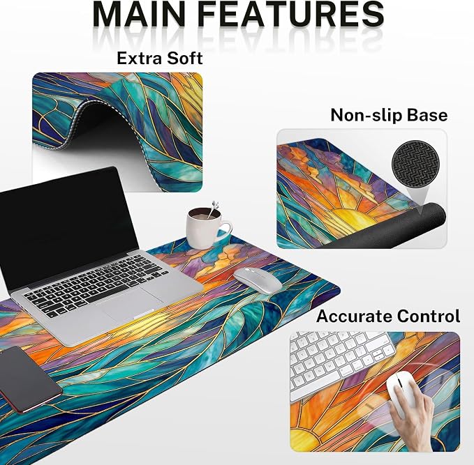 Britimes Gold Sun Ocean Keyboard Mouse Pad Set Boho Colorful 4in1 Large Mousepad+Keyboard Wrist Rest+Mouse Wrist Rest+Coaster Ergonomic Design for Home Office Computer 35.4x15.7 inches
