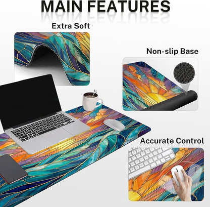 Britimes Gold Sun Ocean Keyboard Mouse Pad Set Boho Colorful 4in1 Large Mousepad+Keyboard Wrist Rest+Mouse Wrist Rest+Coaster Ergonomic Design for Home Office Computer 35.4x15.7 inches