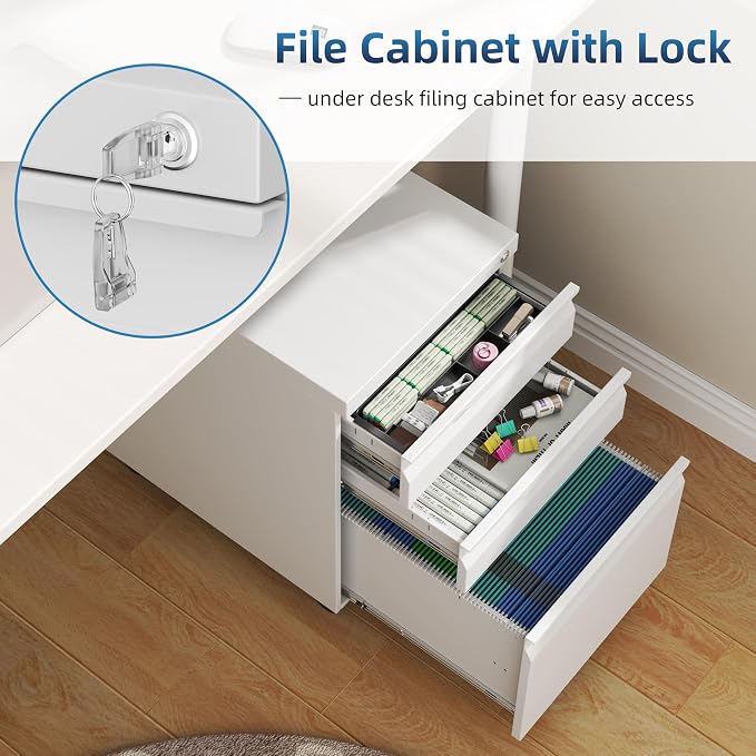 3 Drawer White Mobile File Cabinet with Wheels, Metal Small Filing Cabinets for Home Office Organizer,Rolling Filing Cabinets Under Desk Storage for Letter/Legal/A4 Files