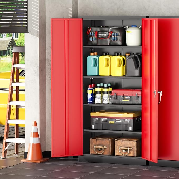 INTERGREAT Metal Garage Storage Cabinet with Lock, 72" Storage Cabinet with Locking Doors and 4 Adjustable Shelves, Lockable Steel Tool Cabinet for Home Office, School, Black Red