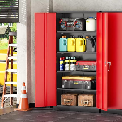 INTERGREAT Metal Garage Storage Cabinet with Lock, 72" Storage Cabinet with Locking Doors and 4 Adjustable Shelves, Lockable Steel Tool Cabinet for Home Office, School, Black Red