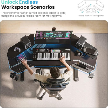 EUREKA ERGONOMIC Gaming Desk, Standing Desk w Keyboard Tray, 72" Wing Shaped Music Studio Table with LED Shelves, Gaming Recording Live Stream, Slot Design