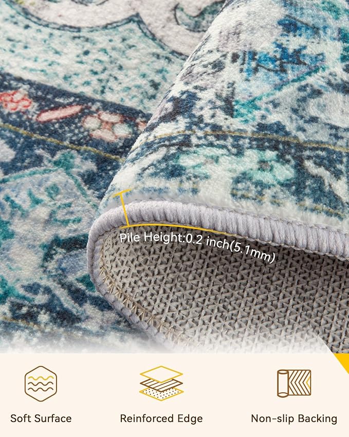 RELEANY Area Rugs Round 8ft Washable Non-Slip, Floral Vintage Distress Medallion Carpet for Living Room Bedroom Dining Room, Green Navy Blue White Red Teal