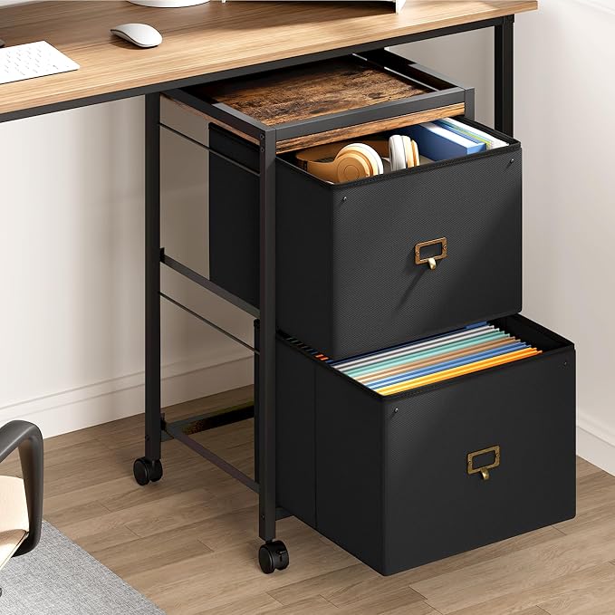 Garvee File Cabinet with 2 Drawers, Mobile Filing Cabinet Fits Letter Size or A4, Fabric Vertical File on Wheels, Home Office Small Under Desk Filing Storage Cabinets, Black