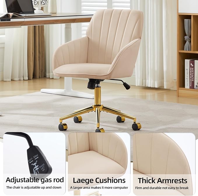 Velvet Home Office Desk Chair, Modern Cute Computer Task Chair with Back, Height Adjustable Upholstered Vanity Chair with Swivel Wheels for Women, Girls (Gold Base, Oatmeal