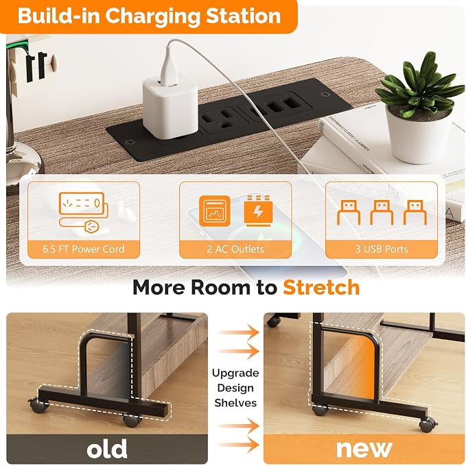 VINGLI 31.5" Mobile Small Standing Desk, Adjustable Height Mobile Computer Desk, w/2 AC Outlets + 3 USB Ports & Hooks, Storage Shelves, Suitable for Gaming, Studying, Home Office, Gray