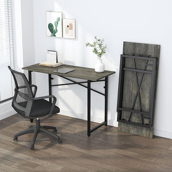 Lutown-Teen 47 inch Folding Desk, Writing Gaming Computer Camping Table, No Assembly Required Home Office Desk, Black Oak
