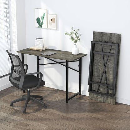 Lutown-Teen 47 inch Folding Desk, Writing Gaming Computer Camping Table, No Assembly Required Home Office Desk, Black Oak
