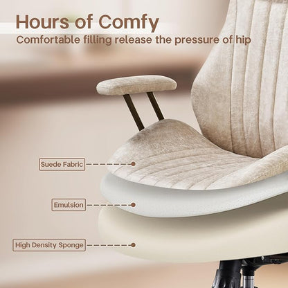 HOOOWOOO Faux Suede Leather Home Office Chair,MCM Modern Ergonomic Task Work Chair,Computer Desk Chair with Cushion Seat Lumbar Support Reclining High Back for Long Hours(Beige)