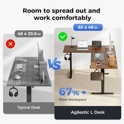 Agilestic Electric L Shaped Standing Desk 63 x 48 Inch with Power Outlet, Height Adjustable Corner Stand up Desk with Cable Management,Sit Stand Home Office Workstation with Splice Board, Dark Walnut