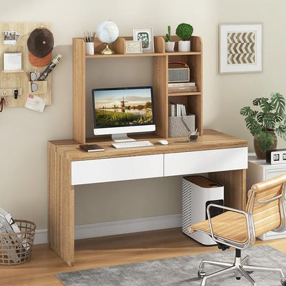 LDAILY Desktop Shelf, Multipurpose Wood Desk Hutch for Max 27" Computer Monitor, Countertop Storage Hutch with 5 Shelves, 3 Tier Desktop Display Rack for Dorm Office Home (Natural)
