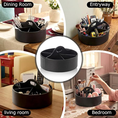 360° Rotating Leather Desk Storage Organizer with 6 Slots and Handle Extra-large Pen Holder Spinning Pencil Storage Lazy Susan Organizer Office Desk Supplies Marker, Art Supply(Black)