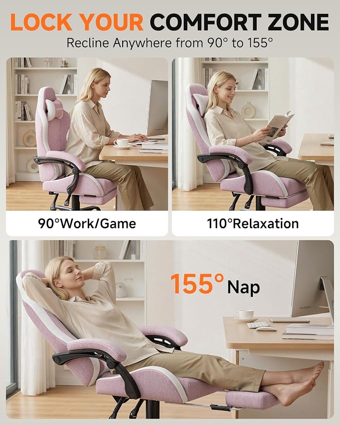 GTPLAYER Gaming Chair with Footrest, Computer Gaming Chair for Adults, Height Adjustable Gamer Chair with 90-155° Recline & Removable Headrest Lumbar Support,Linen Fabric Pink