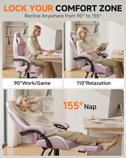 GTPLAYER Gaming Chair with Footrest, Computer Gaming Chair for Adults, Height Adjustable Gamer Chair with 90-155° Recline & Removable Headrest Lumbar Support,Linen Fabric Pink