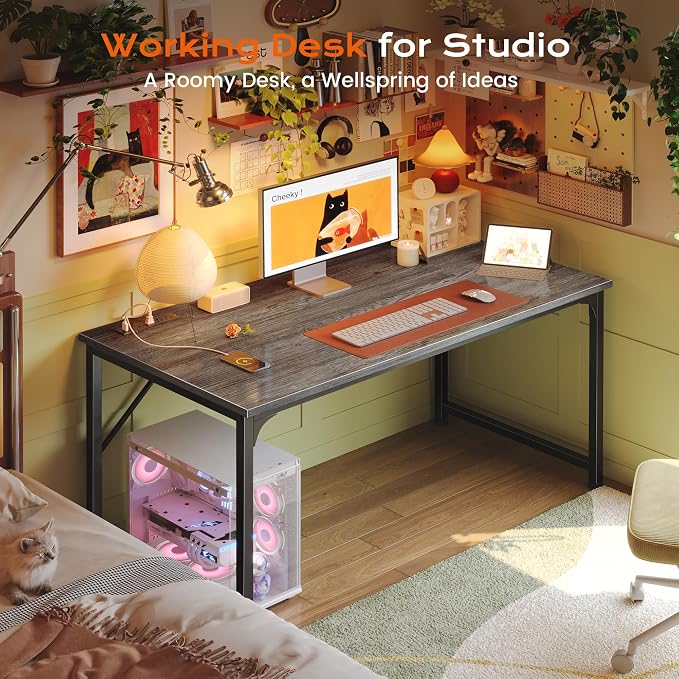 PRAISUN 47 X 24 Inch Computer Desk with Power Outlets & USB-C Port, Office Desk with Deeper Desktop, Study, Bedroom, Writing Work from Home Table, Metal Frame, Grey