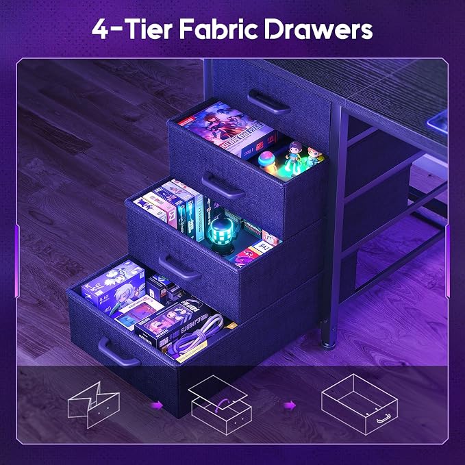 AODK 63" L Shaped Gaming Desk with Hutch, Pegboard & Shelves, L Shaped Desk with 4 Drawers, Integrated LED Light Strip & Power Outlets, Reversible PC Gaming Computer Desk, Black