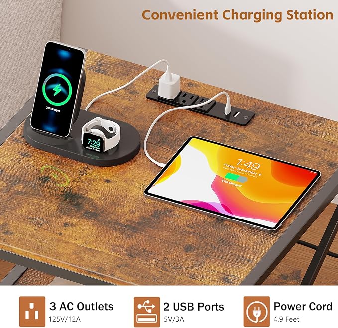 2-Tier Large Priner Stand with Charging Station, 20"×20" Under Desk Printer Table with Power Outlets and USB Ports for Office, Mini Fridge Stand, Storage Shelf for Scanner Fax Machine, Rustic Brown