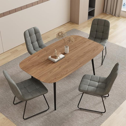 HIPIHOM 55.1'' Dining Table Set for 4,Modern Wood Dining Table,Leather Dining Chairs 4,Table and Chairs Set of 4,Ideal for Kitchen Dining Room (Walnut Color Table + 4 U-Shaped Gray Chairs, 55.1")