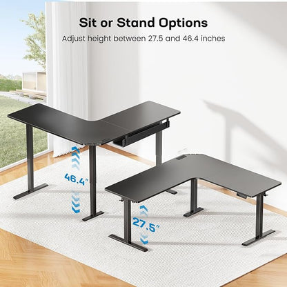 HUANUO Electric L Shaped Standing Desk, 63" x 63" Height Adjustable Corner Standing Desk with Built-in Power Outlets & Power Strip Holder, Sit Stand Up Table with 4 Preset Heights, Black