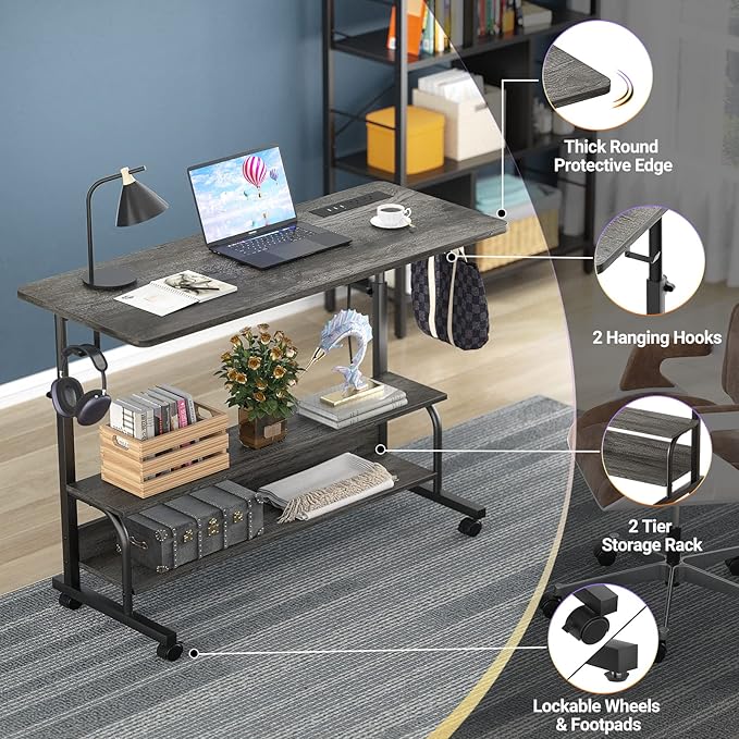 Armocity Rolling Standing Desk with Charging Station, Portable Height Adjustable Mobile Computer Desk with Wheels & 2-Tier Shelves & Hooks, Easy Assembly Laptop Table for Couch Bed, 39" Grey Oak