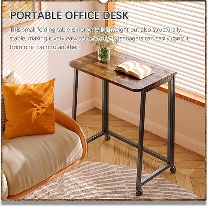 4NM 23.6" Mobile Small Folding Desk, Foldable Rolling Computer Home Office Desk, Study Writing Table for Small Space Saving Bedroom, with Wheels - Rustic Brown and Black